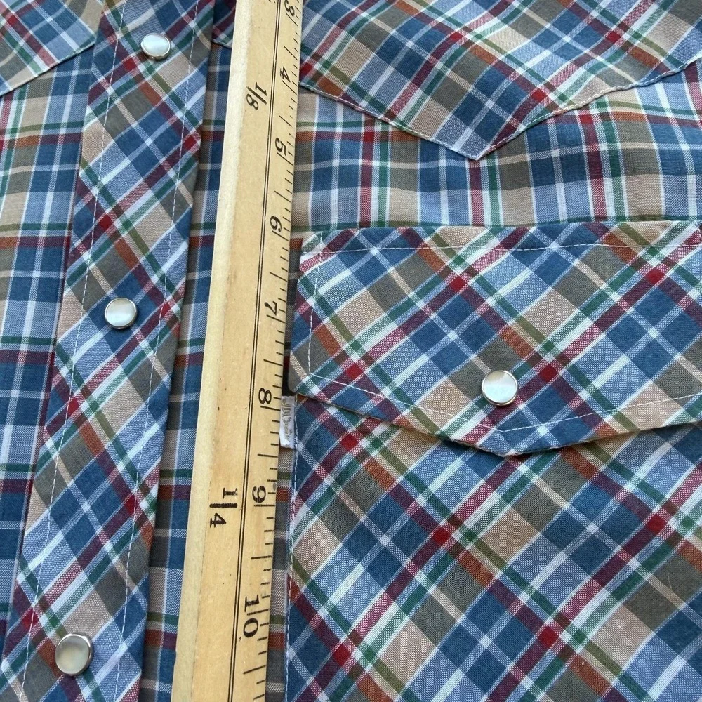 Vintage 70's Levis E Plaid Western Shirt S/M Blue Pearl Snap Long Sleeve Cowboy